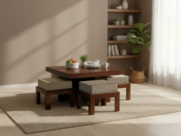 Belle Solid Wood Coffee Table with 4 Stools